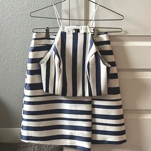 Topshop Ivory and Blue Striped Faux Wrap Midi Skirt & Crop Top (Complete Set!)